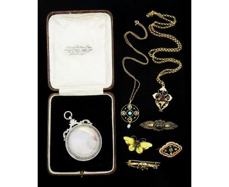 Early 20th century gold opal and seed pearl necklace and a garnet necklace, both on later chains, two gold stone set brooches