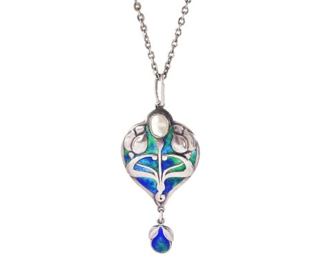 Murrle Bennett silver Art Nouveau blue / green enamel and blister pearl pendant, stamped 950, on chain necklaceCondition Repo