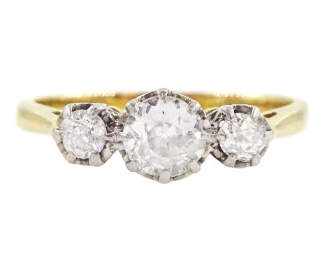 Gold three stone old cut diamond ring, stamped 18ct Plat, total diamond weight approx 0.50 caratCondition Report:Approx 2.3gm