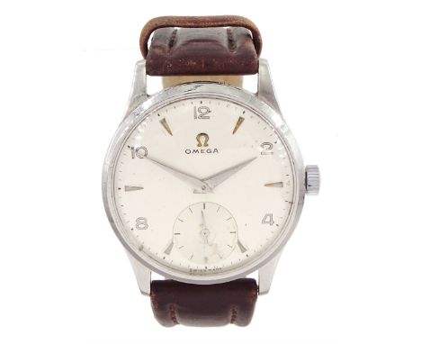 Omega stainless steel manual wind wristwatch, circa 1950's, Cal. 265, silvered dial with subsidiary seconds dial, Arabic and 