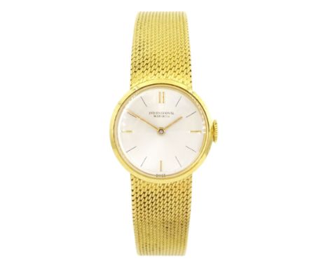 International Watch Company ladies 18ct gold manual wind wristwatch, silvered dial with baton hour markers, on integral 18ct 