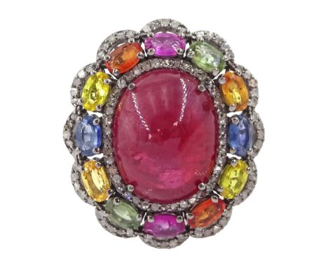 Large silver ruby, diamond and sapphire dress ring, oval cabochon ruby, with oval cut blue, orange, pink, yellow and green sa