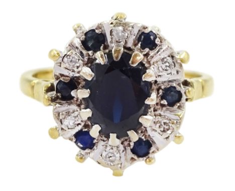 18ct gold sapphire and diamond cluster ring, stampedCondition Report:Approx 5.3gm, size M, head = 15mm x 13mm, few very light