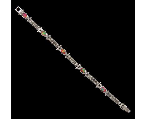 Silver opal and marcasite link bracelet, stamped 925Condition Report:Length = 18.5cm