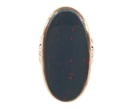 9ct rose gold large oval bloodstone ring, London 1975Condition Report:Approx 10.7gm, size O-P, head = 31mm x 17mm, a few ligh