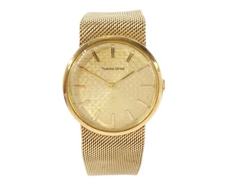 Bueche Girod gentleman's 9ct gold manual wind wristwatch, gilt dial with baton hour markers, on integral 9ct gold bracelet st
