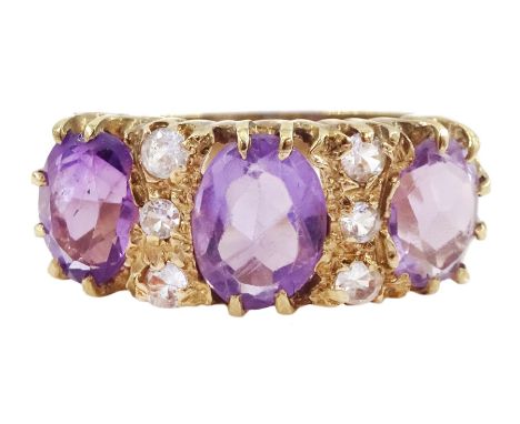 9ct gold three stone amethyst and six stone aquamarine ring, hallmarkedCondition Report:Approx 4.15gm, size M-N