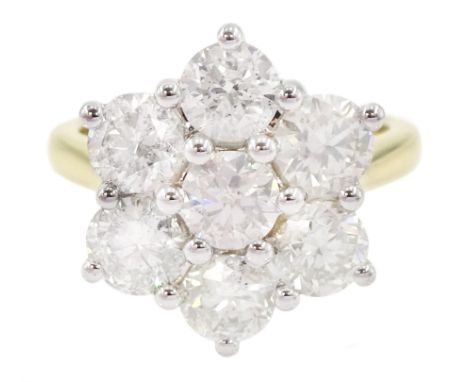 18ct gold round brilliant cut diamond flower head cluster ring, hallmarked, total diamond weight 2.91 carat, with World Gemol