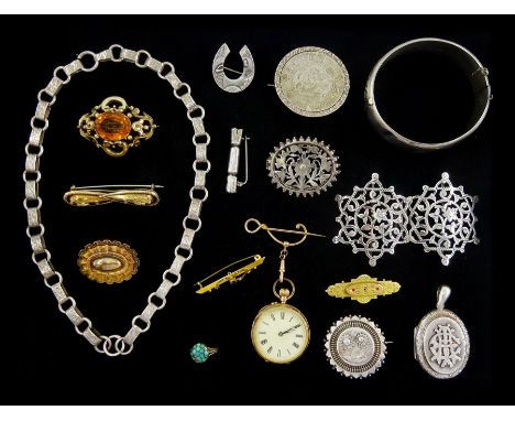 Victorian and later silver jewellery including book link chain necklace, horseshoe brooch, belt buckle and a Christmas cracke