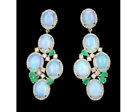 Pair of silver and gold opal, emerald and diamond pendant stud earrings, total opal weight approx 15.30 carat, total emerald 