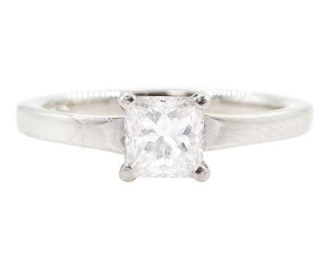 Platinum single stone princess cut diamond ring, hallmarked, diamond 0.71 carat, colour E, clarity VS1, with GIA reportCondit