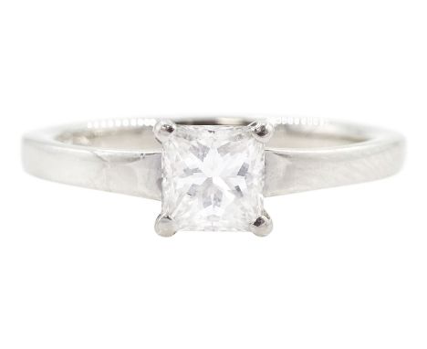 Platinum single stone princess cut diamond ring, hallmarked, diamond 0.71 carat, colour E, clarity VS1, with GIA reportCondit