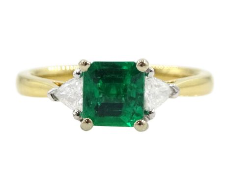 18ct gold three stone square cut emerald and trillion cut diamond ring, hallmarked, emerald approx 0.75 caratCondition Report