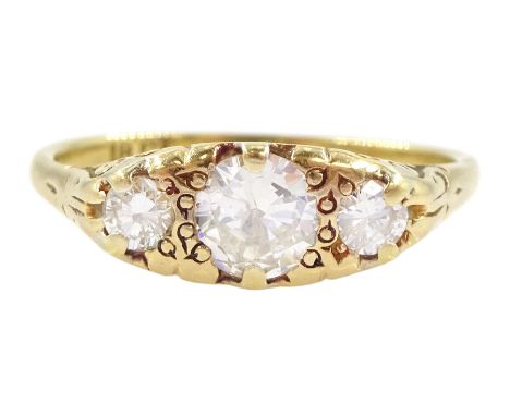 Gold three stone round brilliant cut diamond ring, stamped 18ct, principal diamond approx 0.50 carat, total diamond weight ap