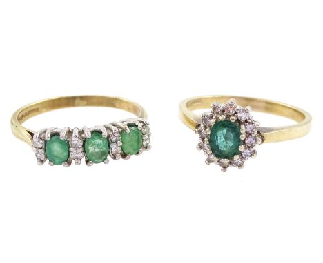 Two 9ct gold emerald and round brilliant cut diamond cluster rings, both hallmarkedCondition Report:Approx 4.5gm, sizes M-N a