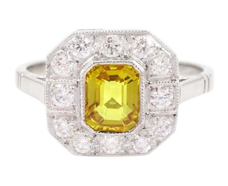 Platinum milgrain set octagonal cut yellow sapphire round brilliant cut diamond cluster ring, stamped Plat, sapphire approx 0