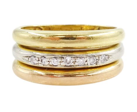 18ct gold diamond three band ring, the middle band channel set with round brilliant cut diamondsCondition Report:Approx 5.35g