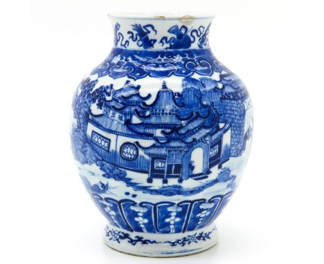Decorated with landscape scenes, Kangxi mark, 21 cm. tall, restoration on rim.