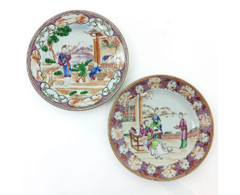 Depicting Chiense figures in landscape, 23 cm. in diameter, light fritting on edges.