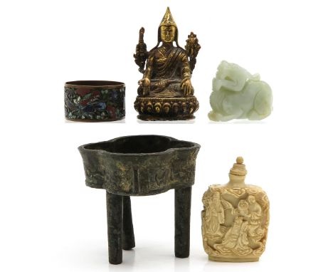 Five items including snuff bottle, napkin ring, sculpture, buddha and tripod censer 8 cm. tall. 