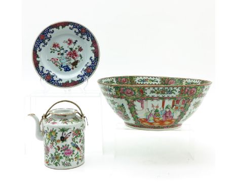 Including large Cantonese bowl, teapot, and plate, bowl measures, 38 cm. in diameter, in diverse conditions.