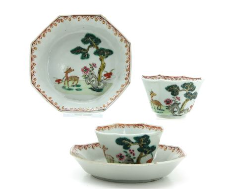 Polychrome decor with gilt accents, depicting deer in garden, saucers are 11 cm. in diameter, light fritting on edge, one wit
