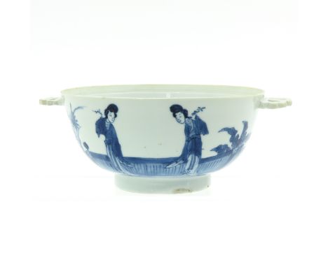 Depicting Chinese figures in garden, Kangxi mark, 18 cm. in diameter including handles.