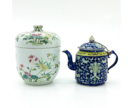 Including Famille Rose covered jar and teapot in dark blue ground with polychrome floral enamels, both makred with seal marks