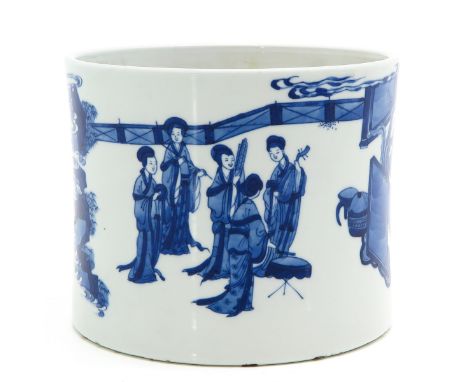 Gathering of Chinese figures in garden, Kangxi mark, 20 cm. in diameter. 