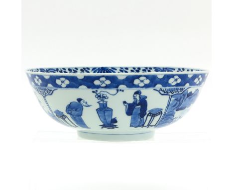 Depicting scenes with Chinese figures and landscape decors, Kangxi mark, 25 cm. in diameter. 