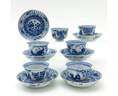 Depicting flowers and sea creatures, Kangxi mark, saucers are 13 cm. in diameter, in diverse conditions.