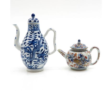 Teapot is in Imari decor with wine jug in blue and white dragon and floral decor, wine jug is 23 cm. tall, in diverse conditi