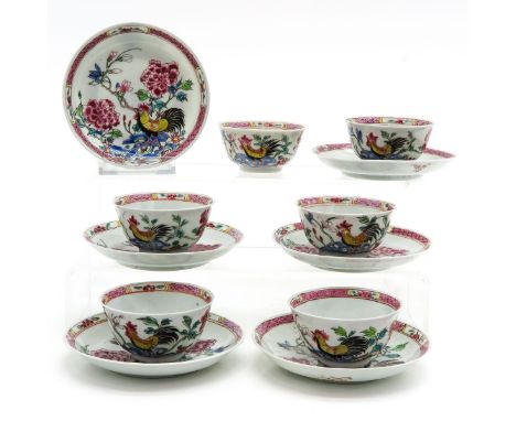 Famille Rose rooster decor, saucers are 12 cm. in diameter, light fritting on edges.