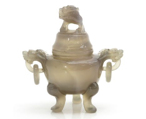Tripod censer with lion head handles and temple lion on cover, 12 cm. tall.