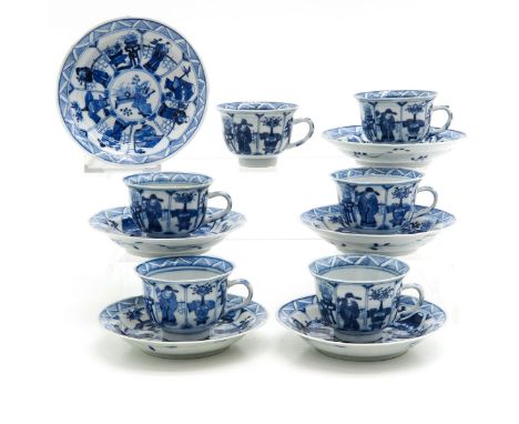 Depicting Chinese figures, Kangxi mark, saucers are 12 cm. in diameter, some with chip and hairline.