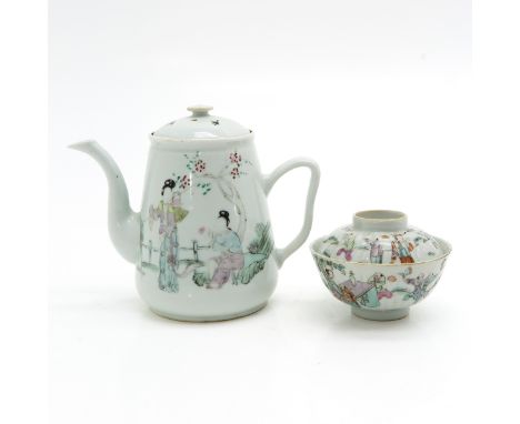 Bowl with cover marked with seal mark, teapot is 16 cm. tall. 