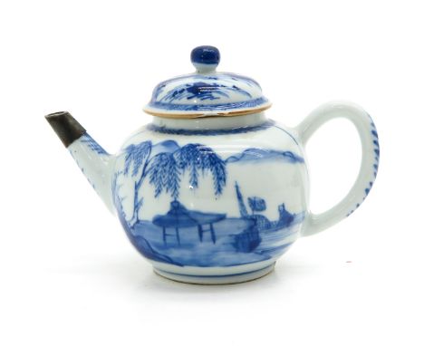 Blue and white landscape decor, 10 cm. tall, chips on edge of teapot and cover.