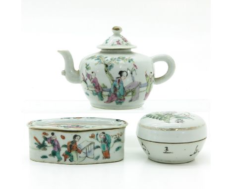 Including teapot, covered box and soap dish, all in Famille Rose enamels, teapot is 10 cm. tall.