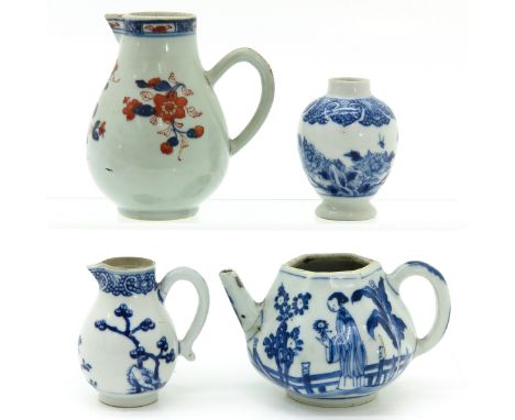 Including teapot, two creamers and vase, in diverse conditions.