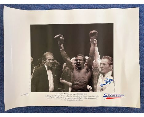 Boxing Maurice Hope 16x22 signed Sporting Masters b/w photo picturing Hope after retaining his World Light Middleweight title