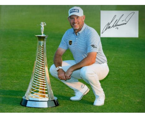 Golf Legend Lee Westwood Signed signature card matted with a Presentation Photograph 16x12 in size. Signed in black marker pe
