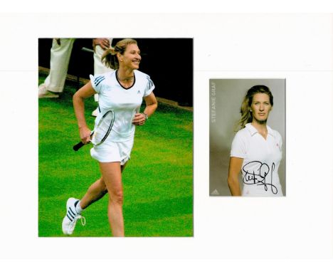 Tennis Steffi Graf 16x12 overall mounted signature piece includes signed colour photo and one unsigned. Stefanie Maria Graf (
