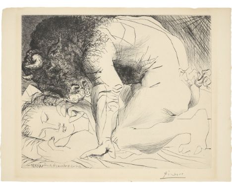 Pablo Picasso (Málaga 1881 – 1973 Mougins). „Minotaure caressant du mufle la main d'une dormeuse“. 1933Kaltnadel auf Velin (W
