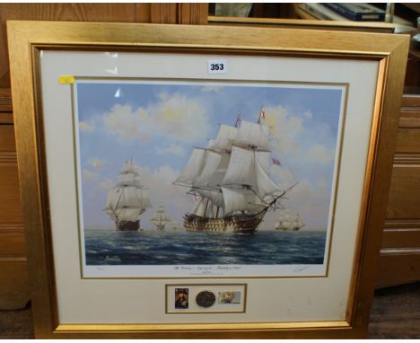 Limited Edition signed print - The Victory's Approach, Trafalga 1805. signed B Price framed with the 200th anniversary coin a