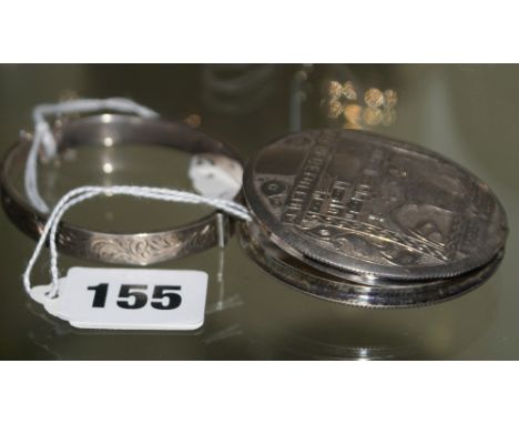 Half engraved silver bracelet Chester 1952 together with a powder compact depicting the Bell of Bethlehem and stamped silver 