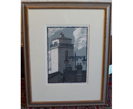 Lino cut print in colours - Low Lights at North Shields. Limited Edition no7/30. signed Williamson Bell. 29.5 x 21 cm