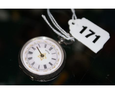 Ladies open faced silver pocket watch with pink blush enamel dial and Roman numerals with gilding and keyed movement maker Ro