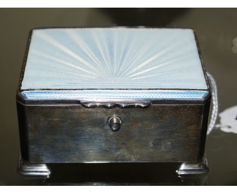 Art Deco silver box with blue engine turned and enamel lid in the form of steps and rays of sun. Maker J>G> Ltd Birmingham 19