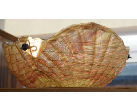 Art Deco shell pattern glass hanging ceiling light shade coloured pink, yellow and brown stripes