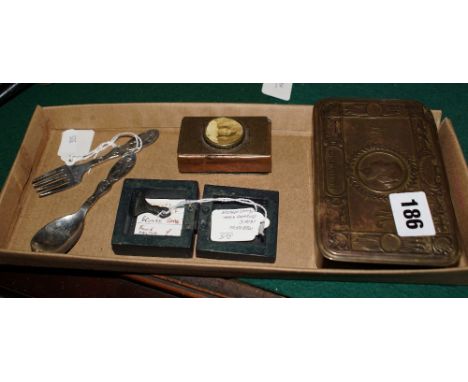 1st World War 1914 soldiers Christmas tin, trench art brass and copper vesta case, a 16th century medieval brass seal found i
